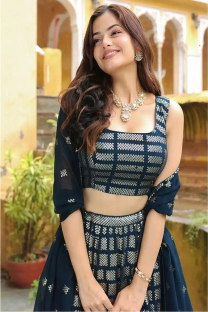 Blue Lehenga Choli with layered silk and organza detailing
