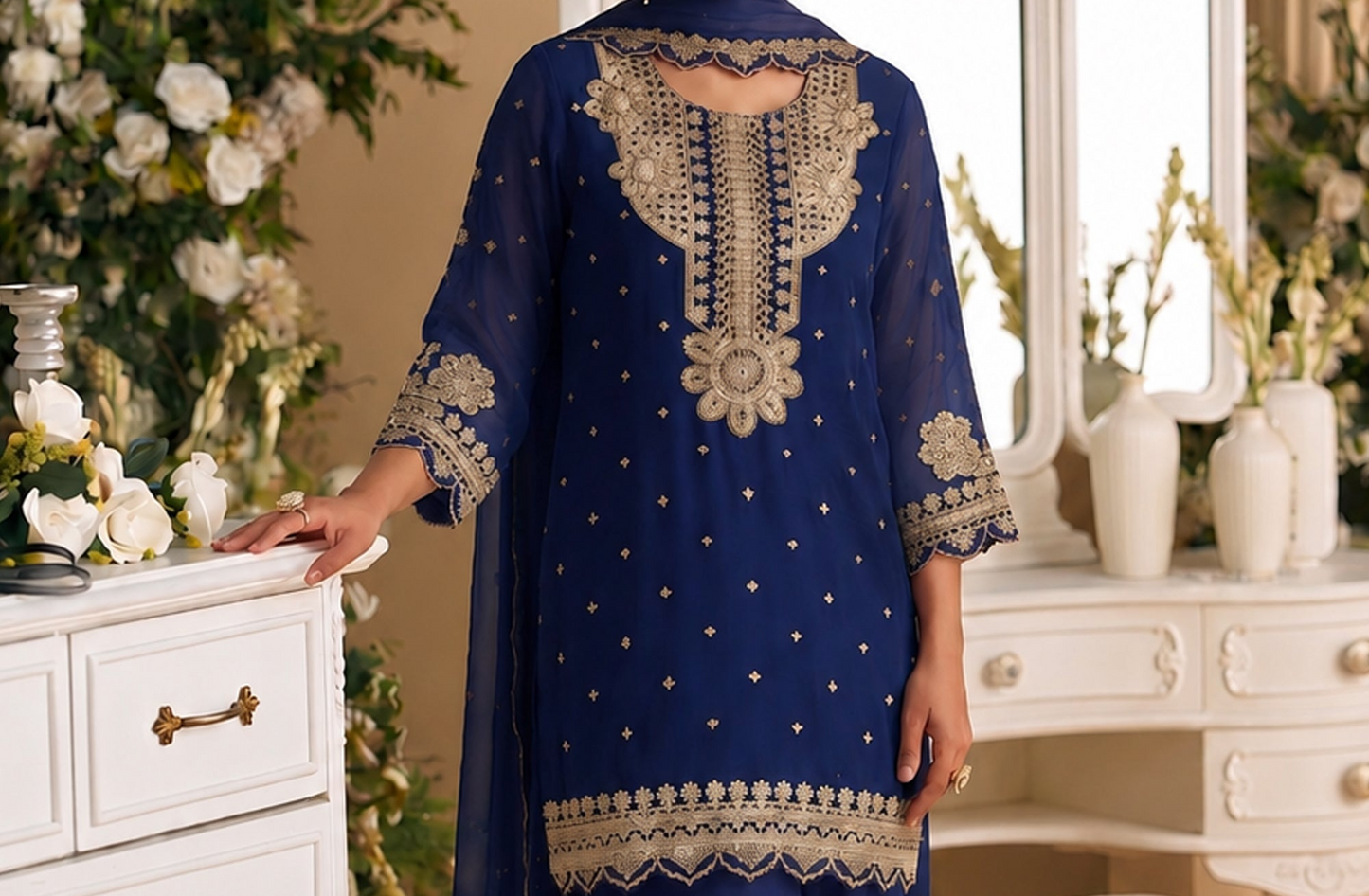 Salwar Kameez in Navy Blue with Embroidery Work accents