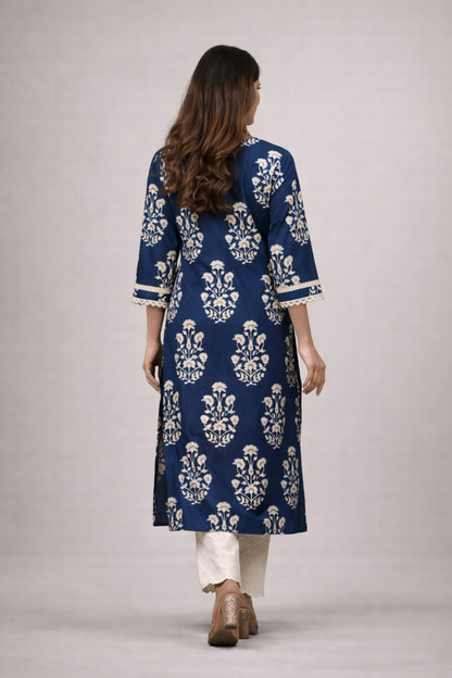 kurti for women back view navy floral pattern
