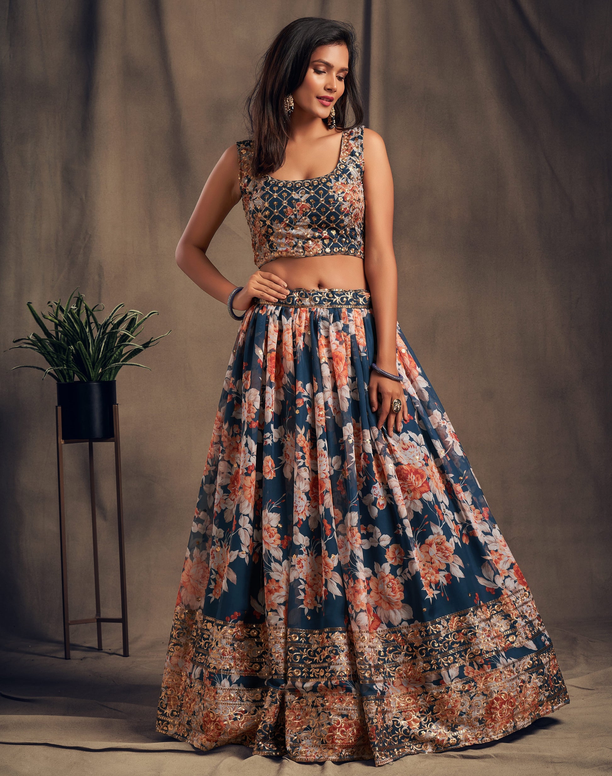Lehenga choli designs with printed organza fabric flow