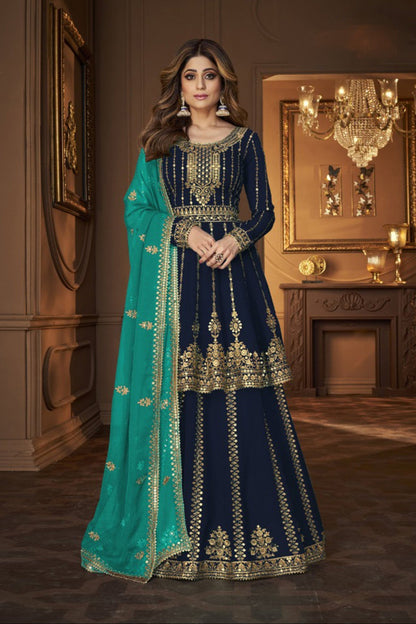 navy blue lehenga cholis front view with embroidery work