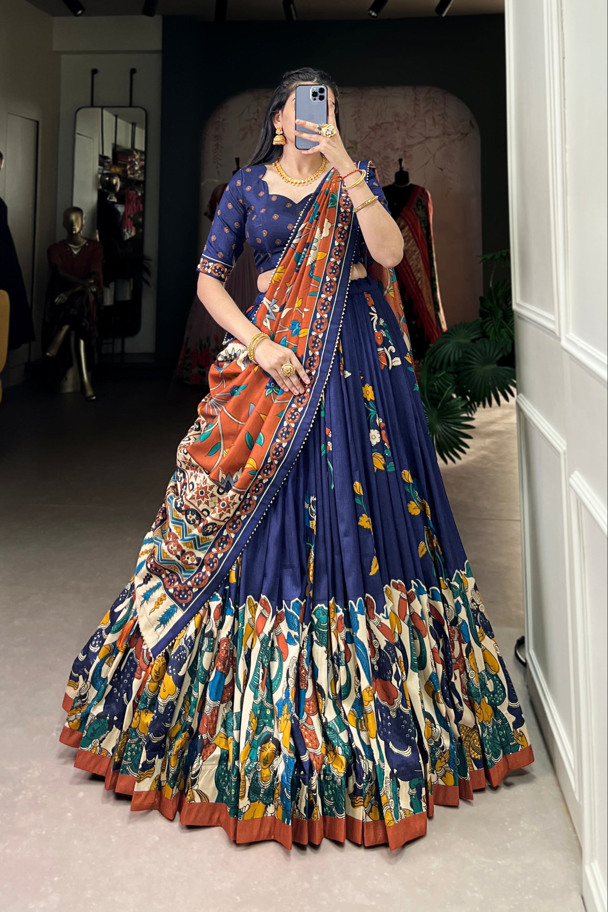 Navy blue lehenga front view with Kalamkari foil detailing