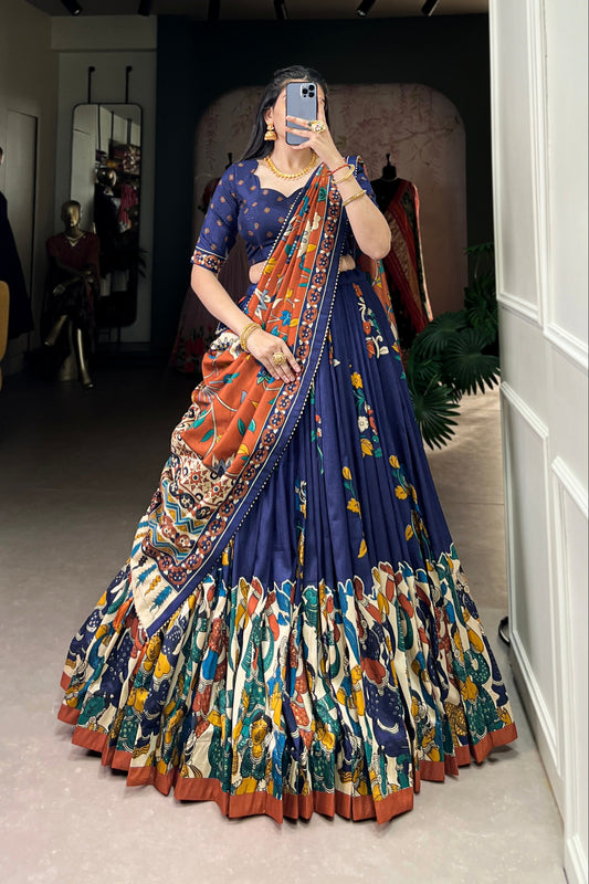 Navy blue lehenga front view with Kalamkari foil detailing