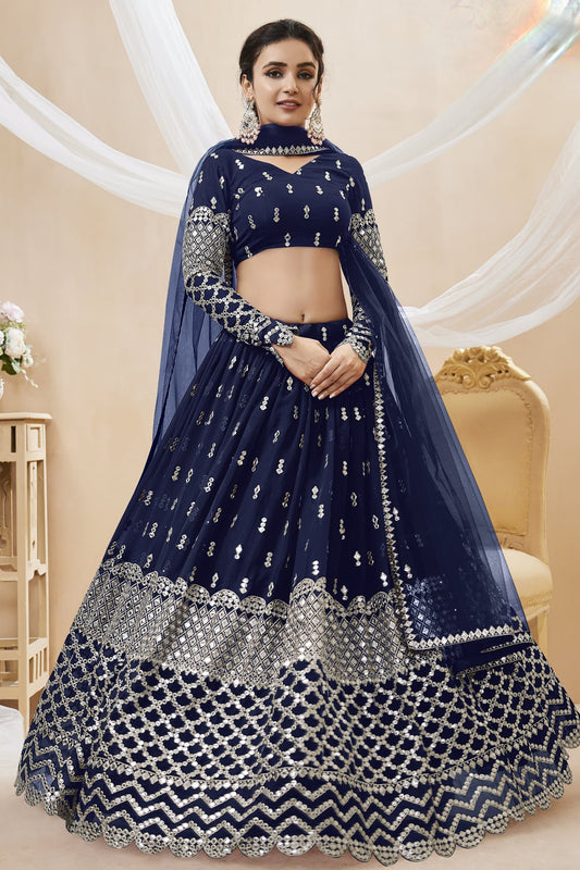Navy blue lehenga full front view with sequins embroidery