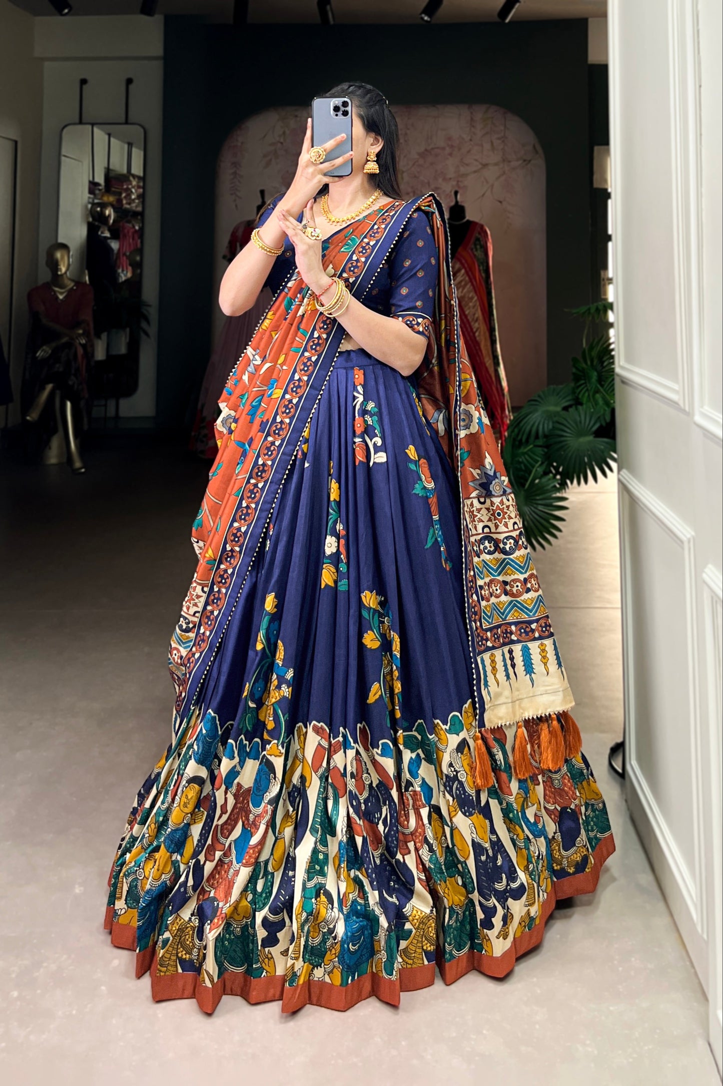 Navy blue lehenga choli styled for wedding reception