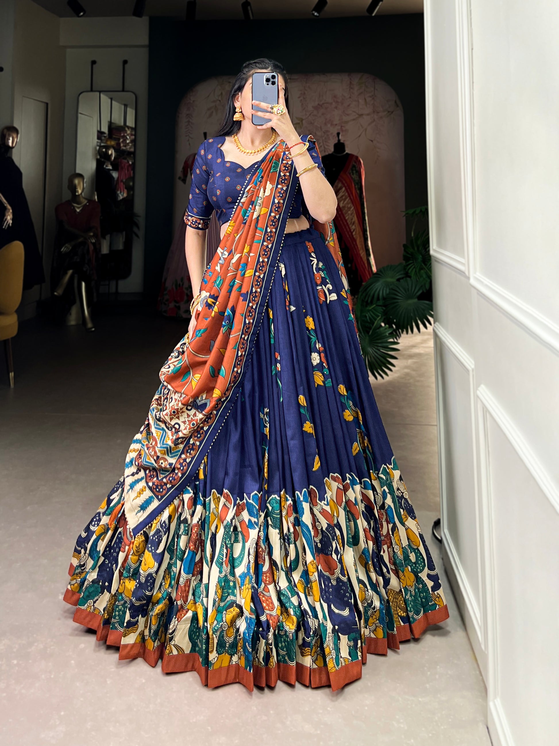 Tussar silk navy blue lehenga with subtle sheen