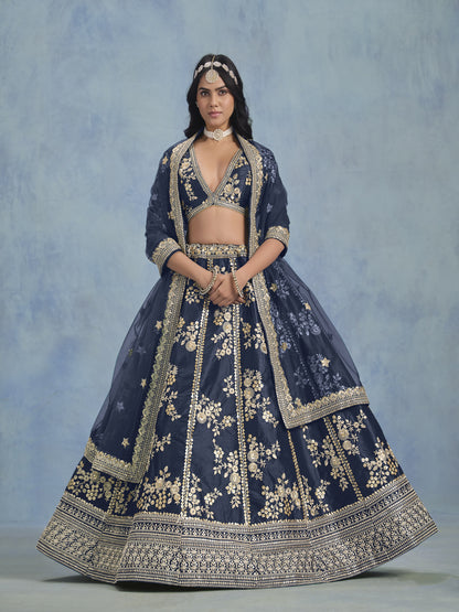 Navy blue lehenga for wedding guest outfit styling