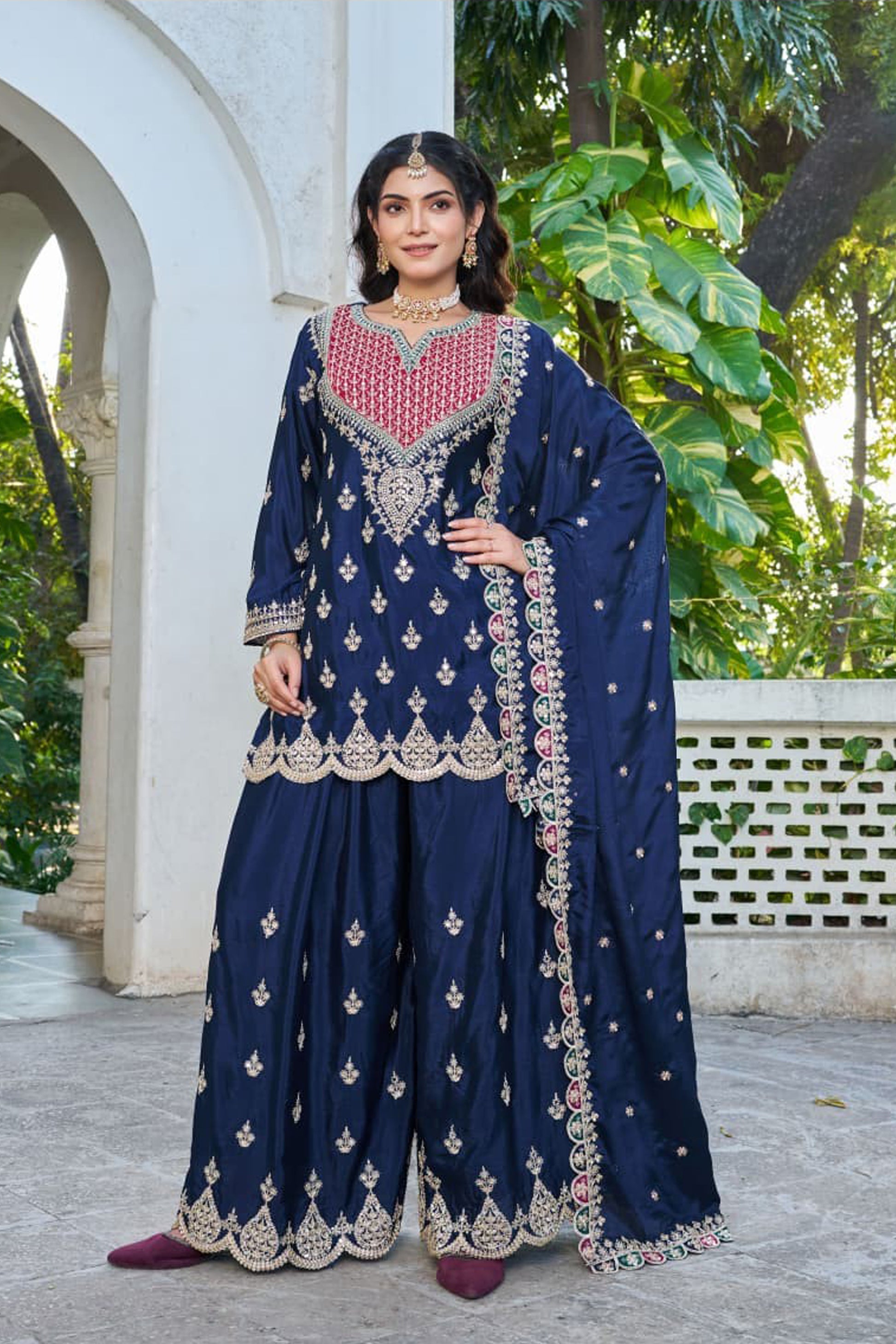 Navy blue Palozzo Pants with full heavy embroidery