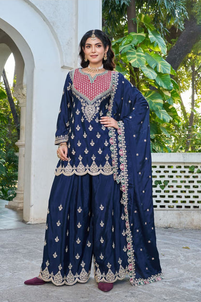 Navy blue Palozzo Pants with full heavy embroidery