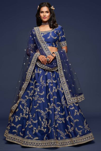 Navy blue reception lehenga full front view with dupatta