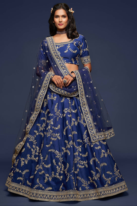 Navy blue reception lehenga full front view with dupatta