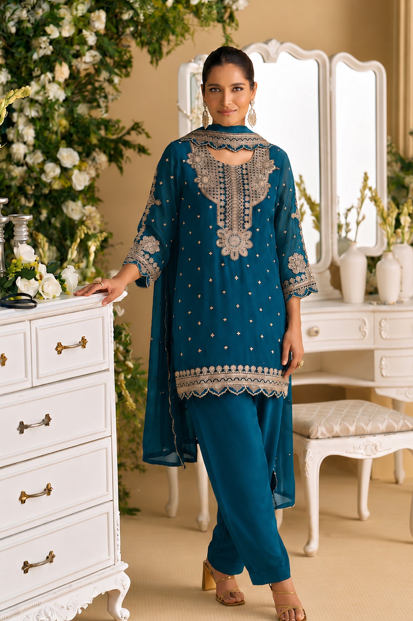 Navy Blue Salwar Kameez with heavy thread sequin embroidery front view