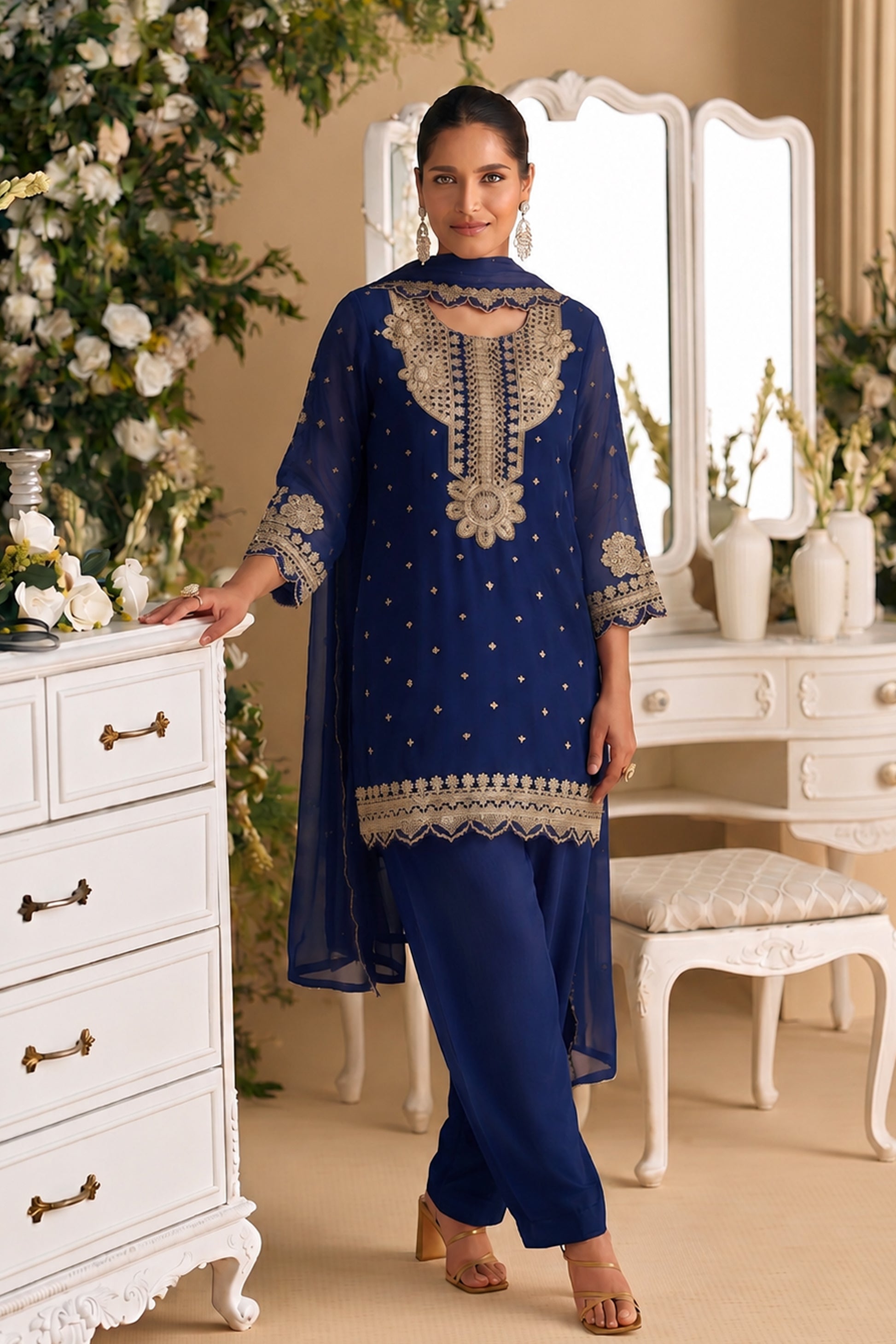 Navy Blue Salwar Kameez displayed for wedding occasion styling
