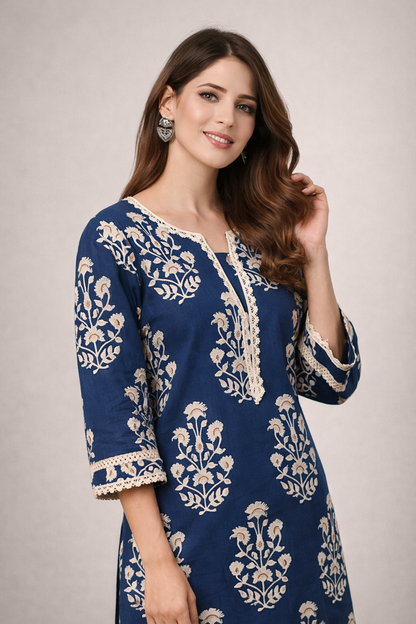 ladies indian kurtis navy floral everyday wear
