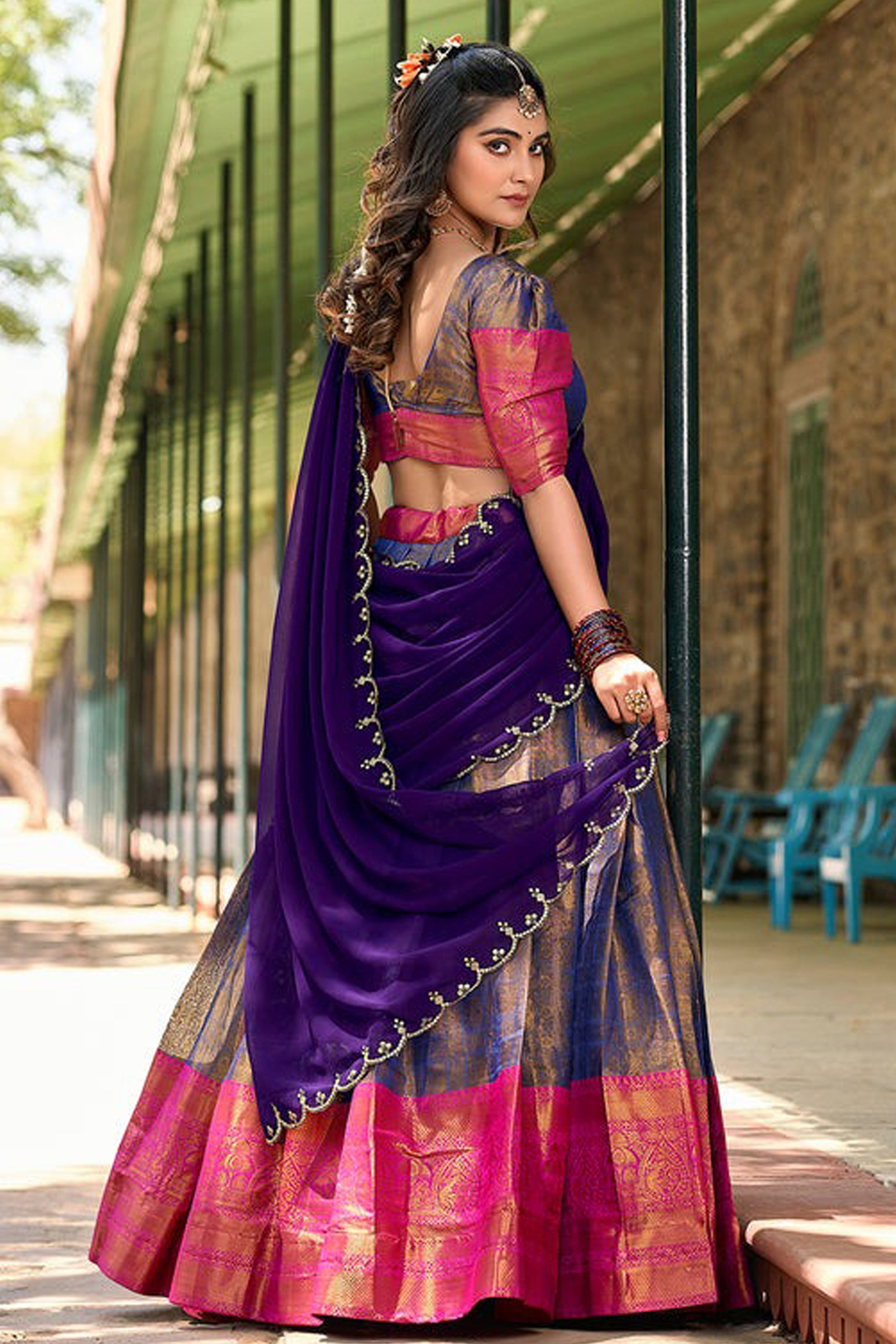 Back view of navy blue lehenga choli set