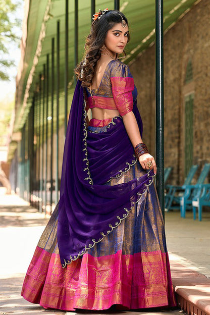 Back view of navy blue lehenga choli set