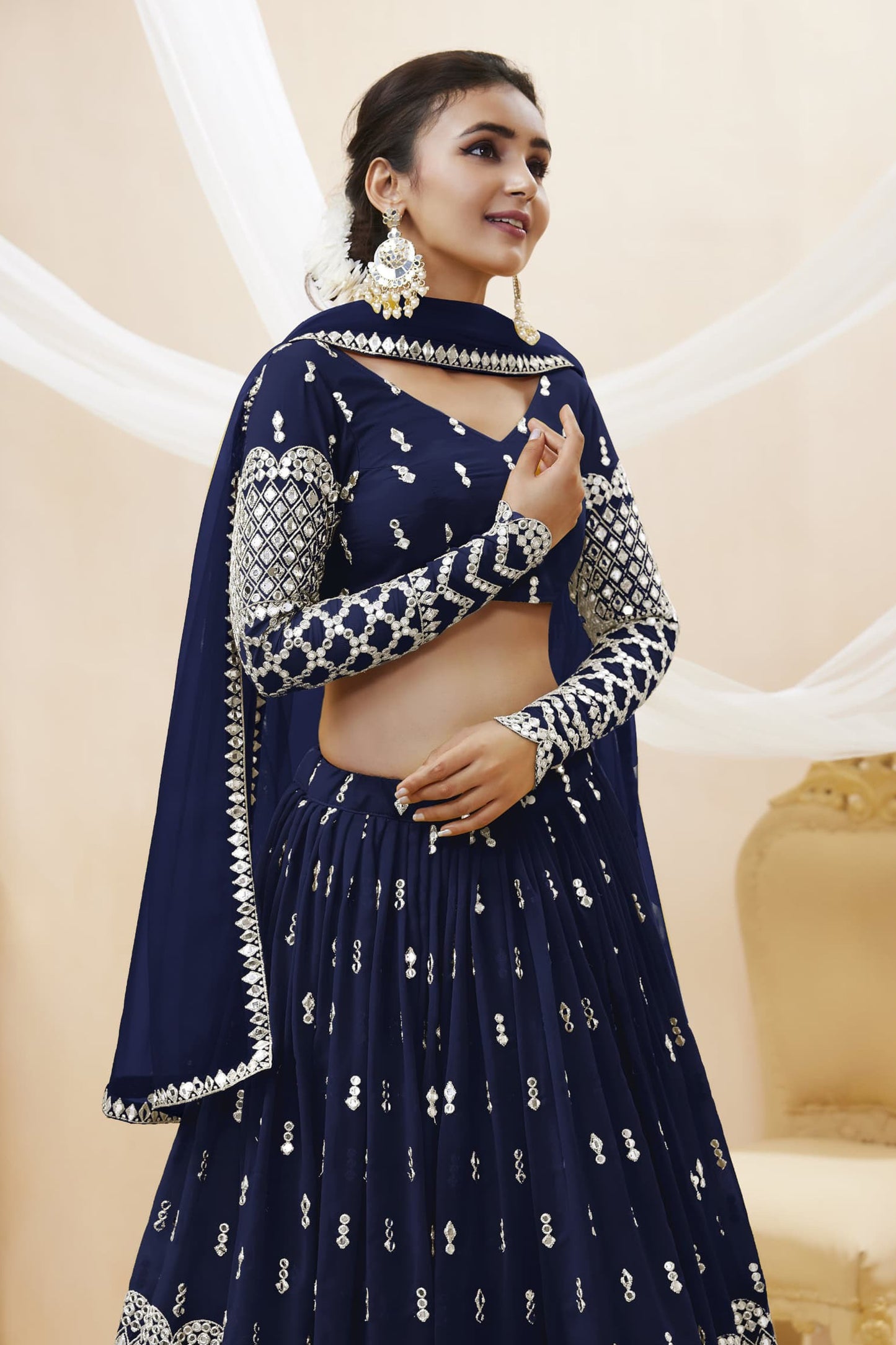 Navy blue lehenga full front view with sequins embroidery