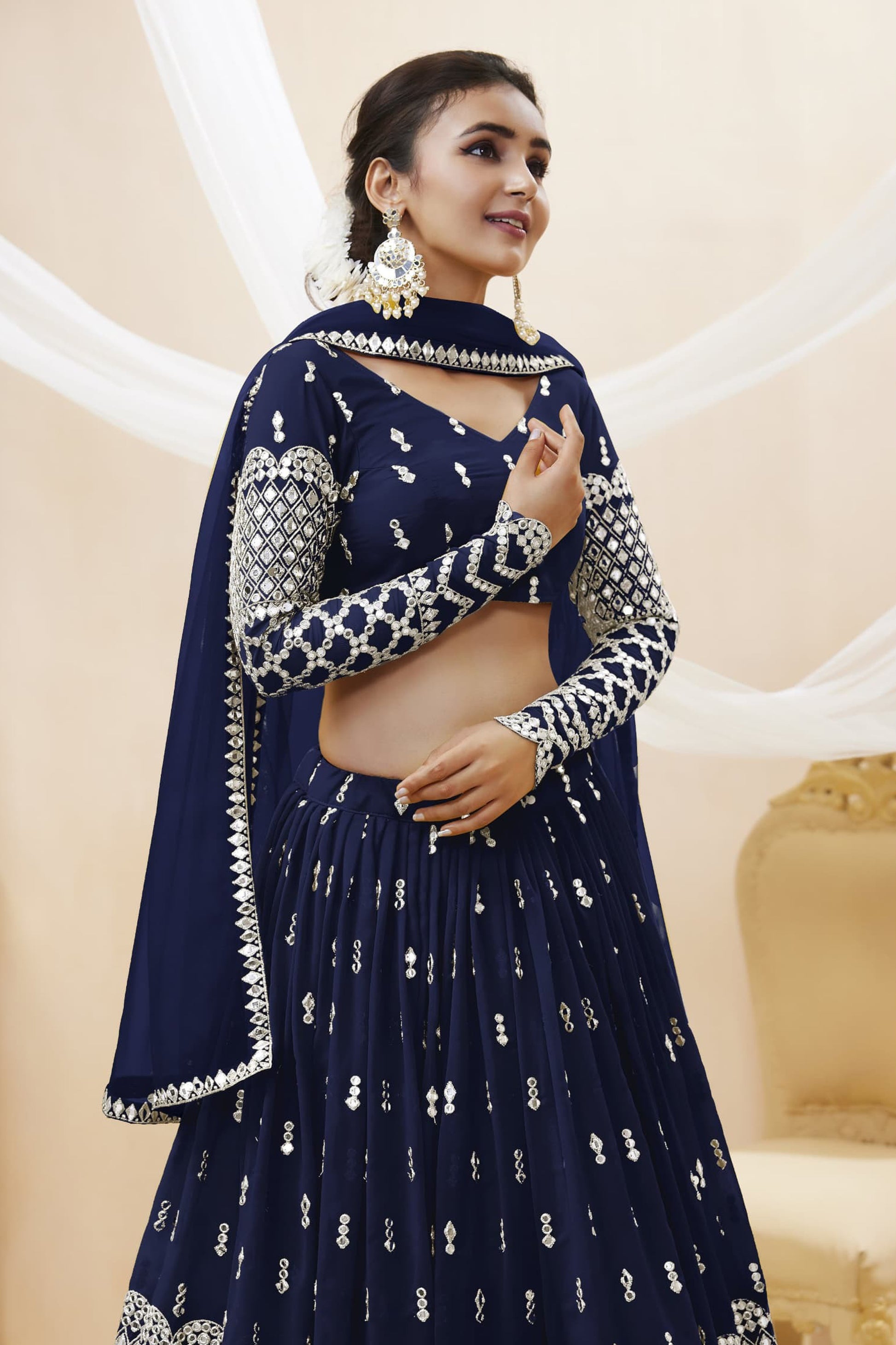 Navy blue lehenga full front view with sequins embroidery