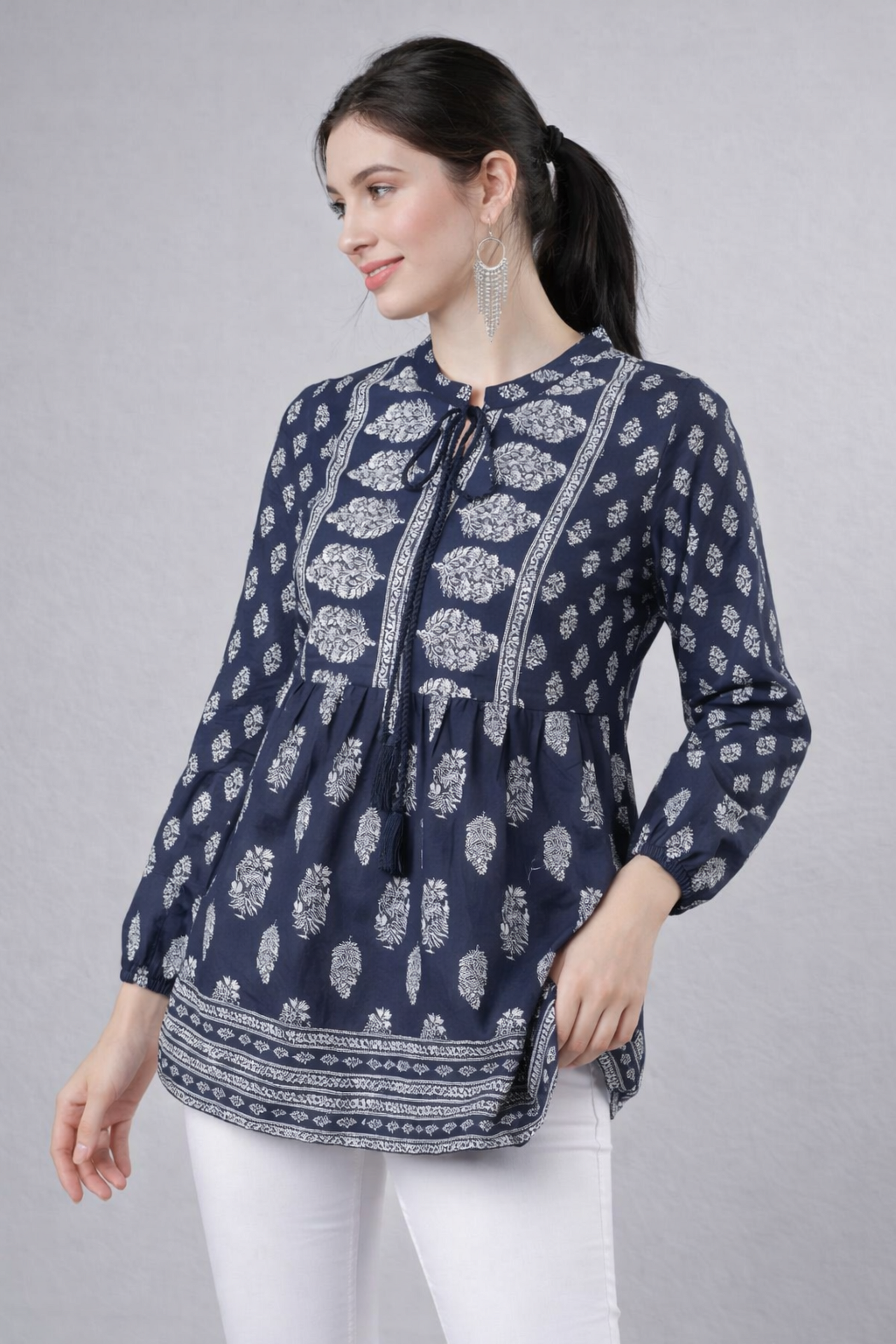 navy cotton tunic with floral print front view