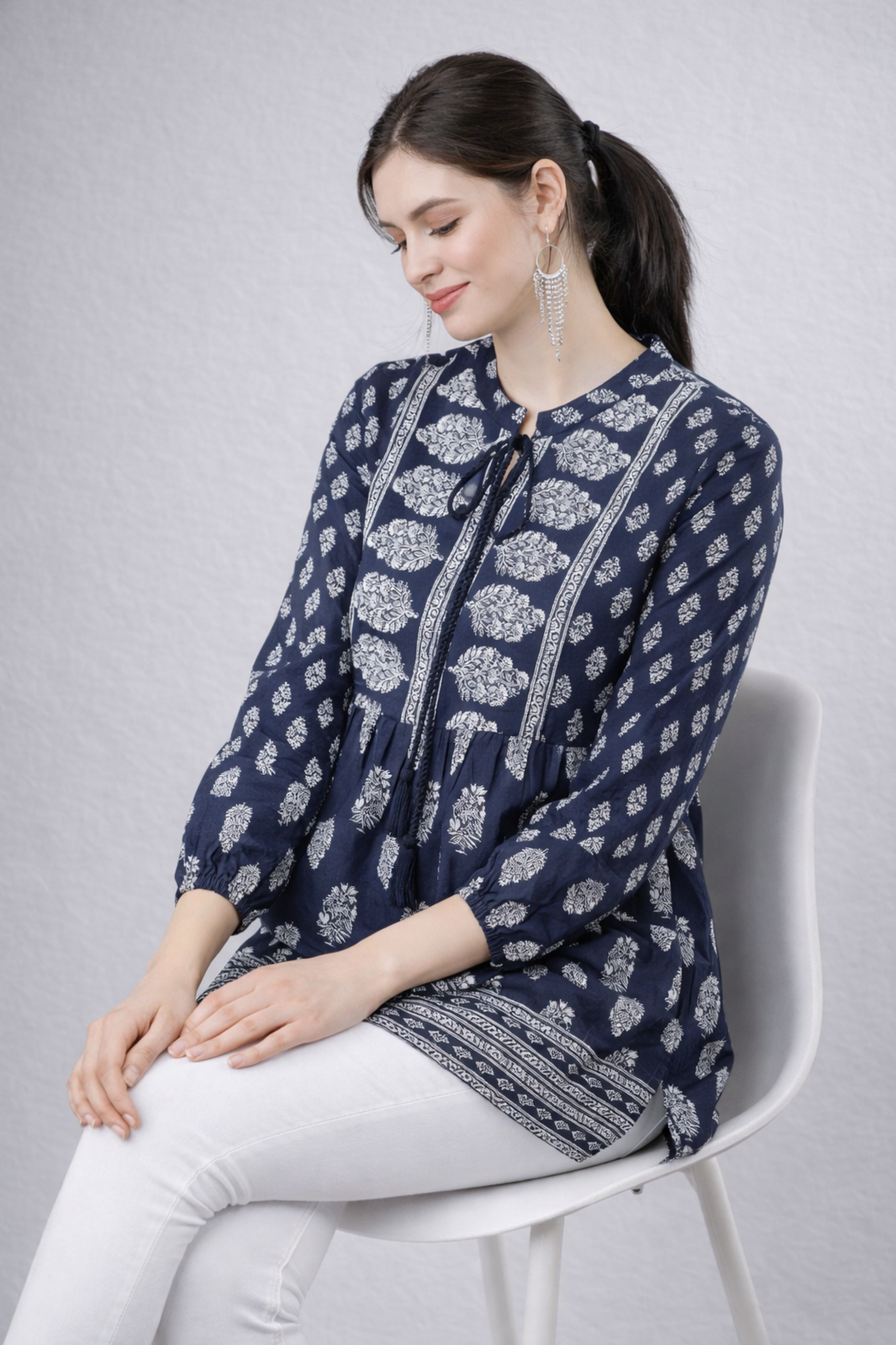 womens tunic tops navy floral design full length view