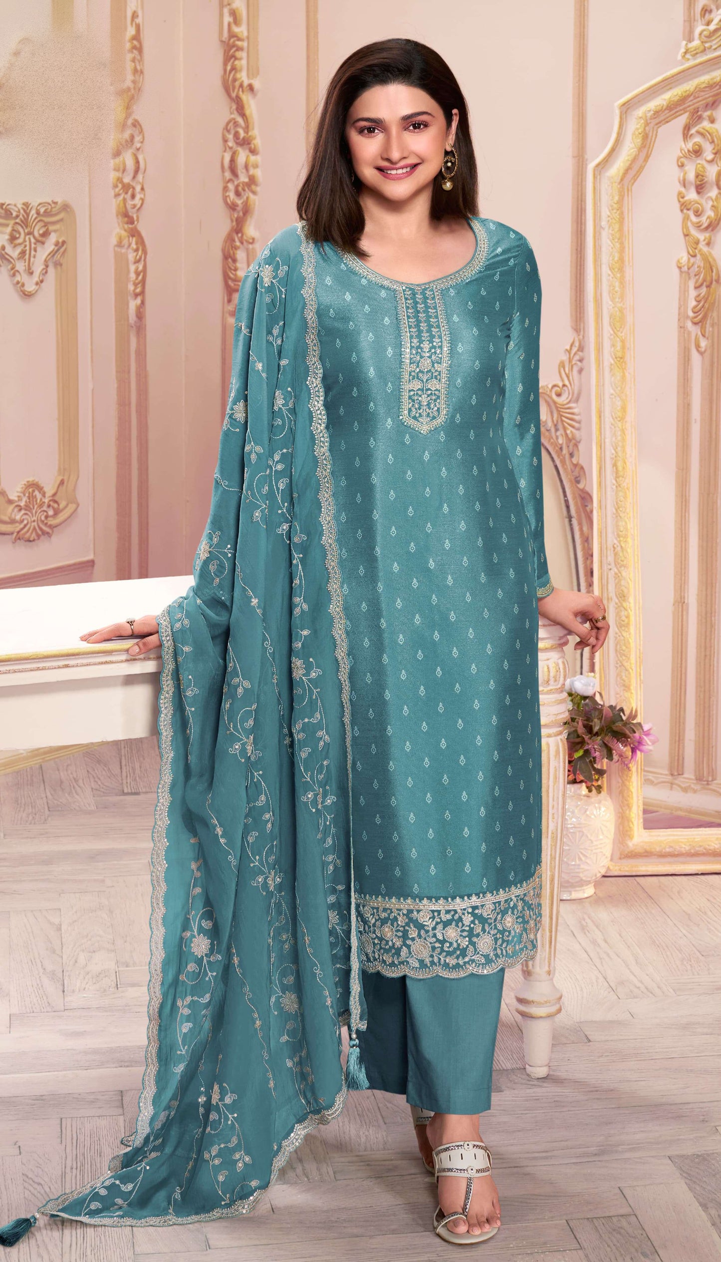 Blue salwar kameez suits outfit flat lay focus on fabric and work