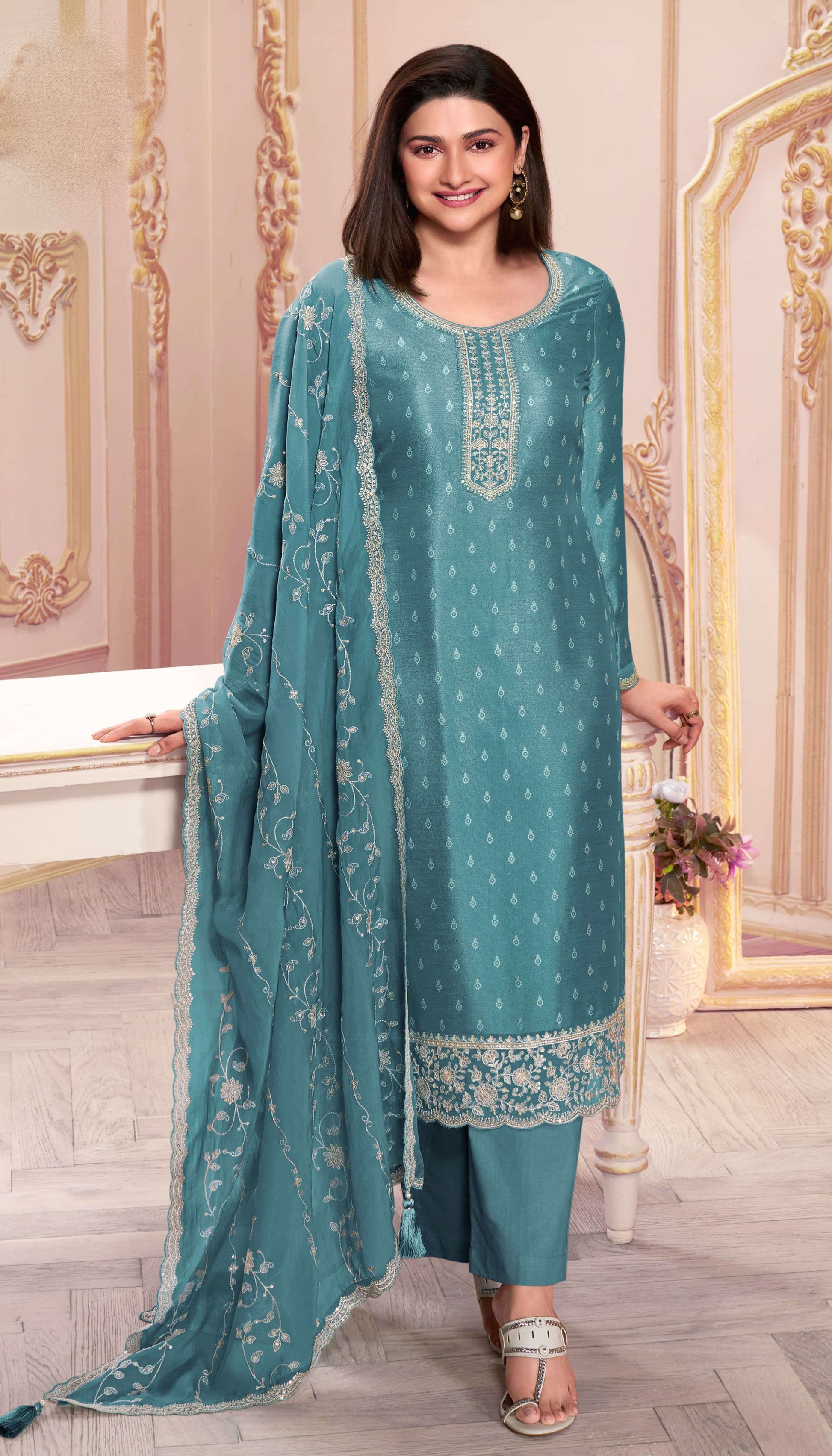 Blue salwar kameez suits outfit flat lay focus on fabric and work
