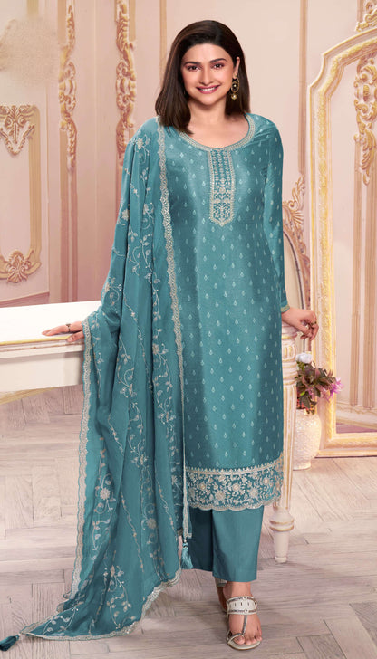 Blue salwar kameez suits outfit flat lay focus on fabric and work