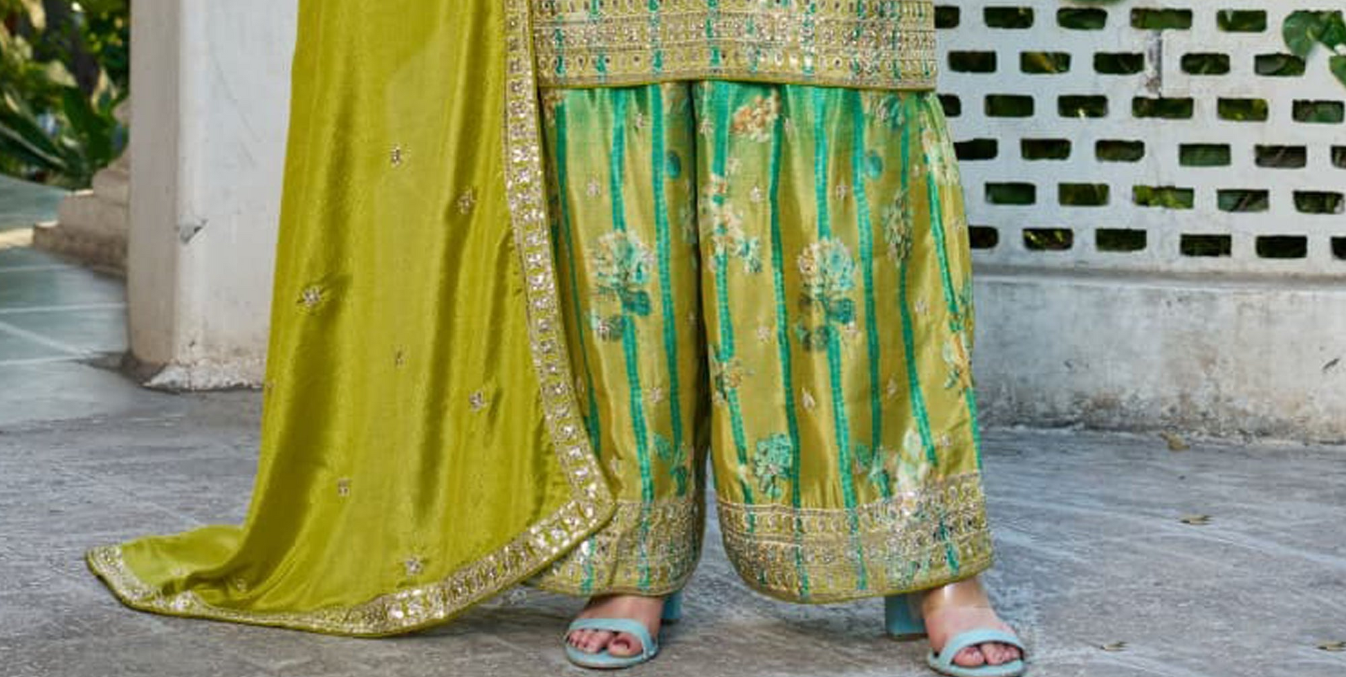 Back view of Green Palazzo Suit with full work finish