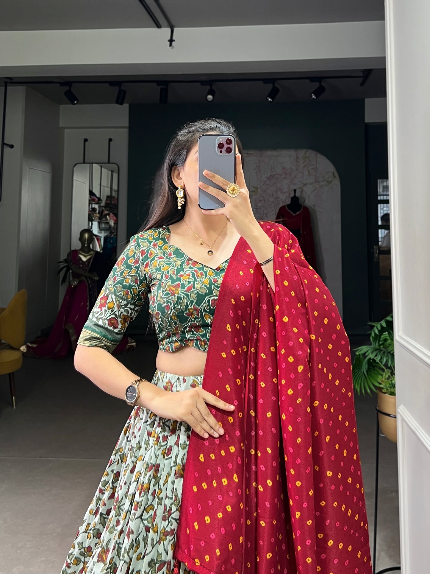 tussar silk lehenga with foil print detail close up