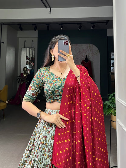 tussar silk lehenga with foil print detail close up