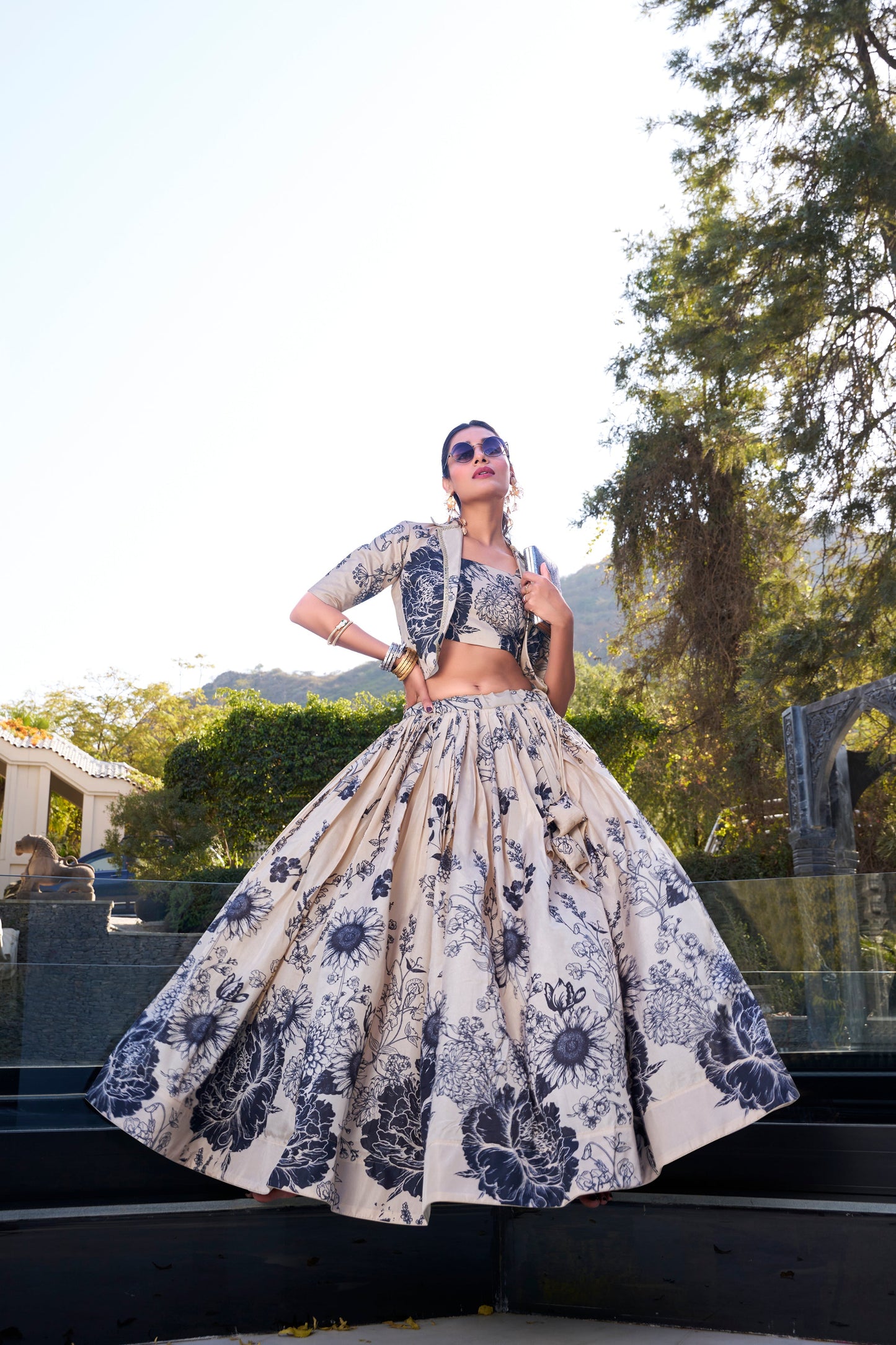 Off-white chaniya choli full front view with mirror work