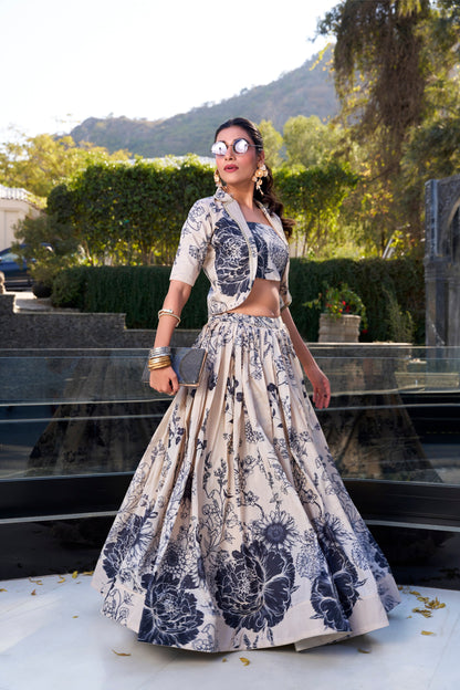 Side angle of off-white color lehenga with subtle mirror accents