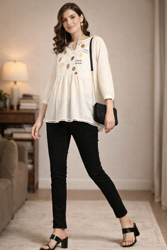 White a-line kurti front view with floral printed panel