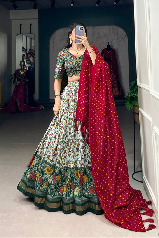 off white lehenga front view with floral print