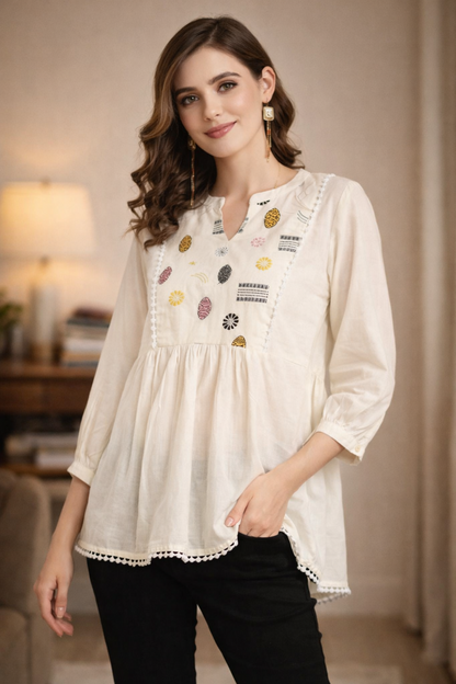 Close-up of floral printed design on white kurti panel