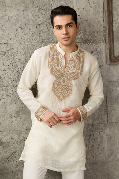Off-white embroidered kurta pajama suit front view