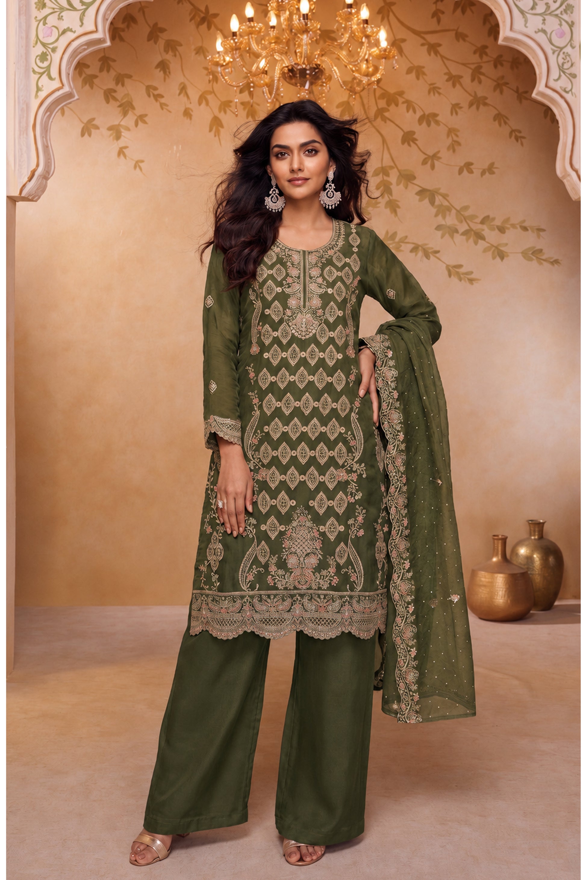 Olive Green Palazzo with heavy embroidery front view