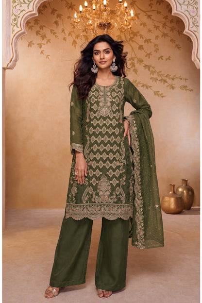 Olive Green Palazzo with heavy embroidery front view