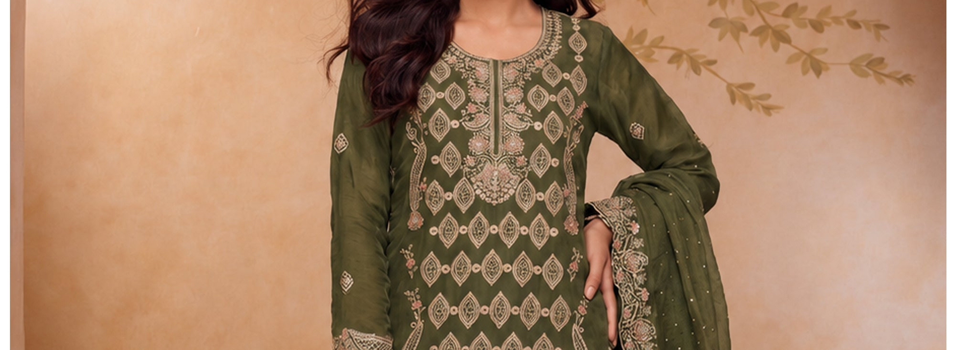 Modern Indian party wear suit with embroidered surface finish
