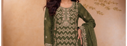 Modern Indian party wear suit with embroidered surface finish