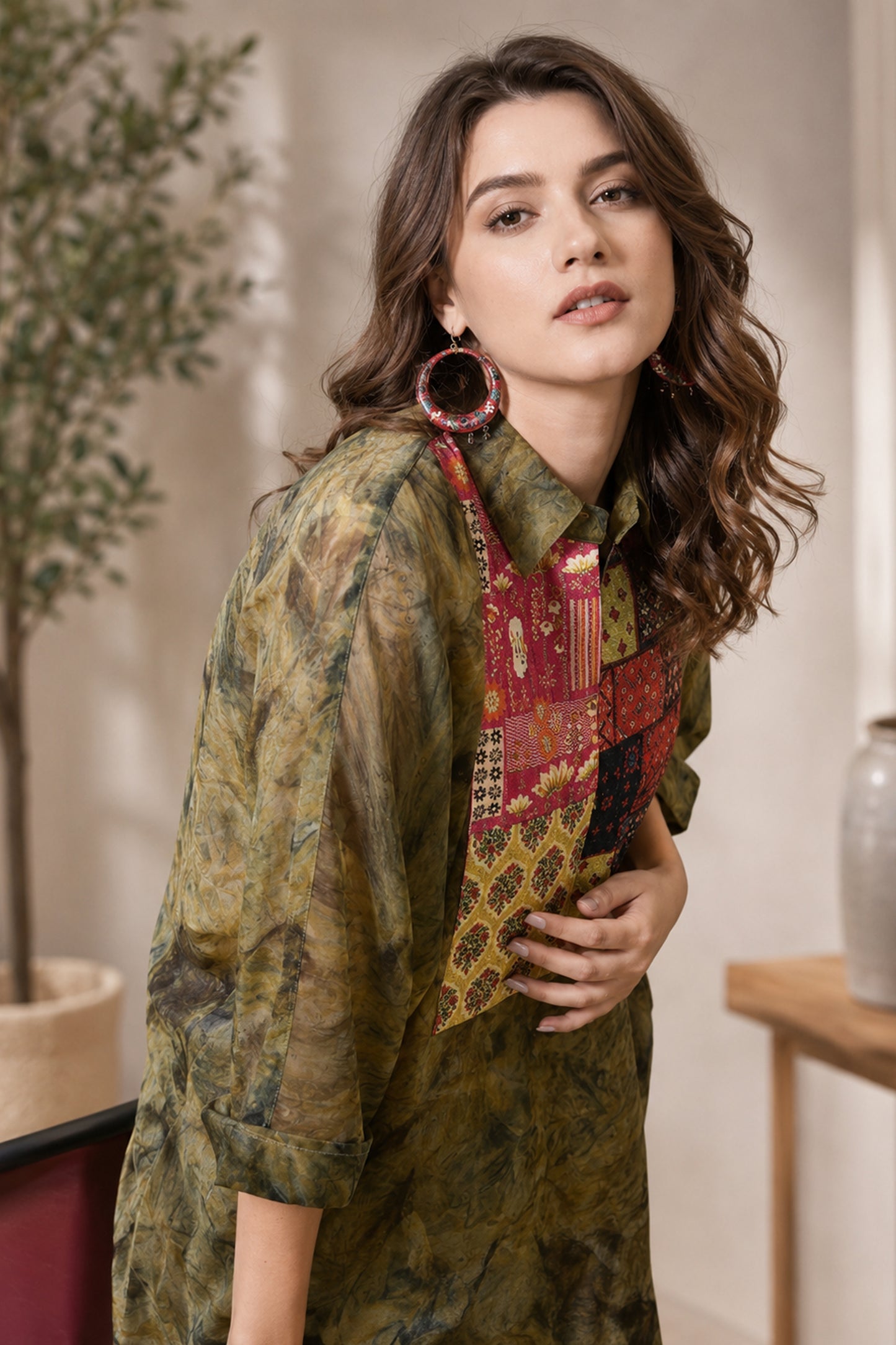 Olive green Women’s Printed Tunic Top with relaxed silhouette