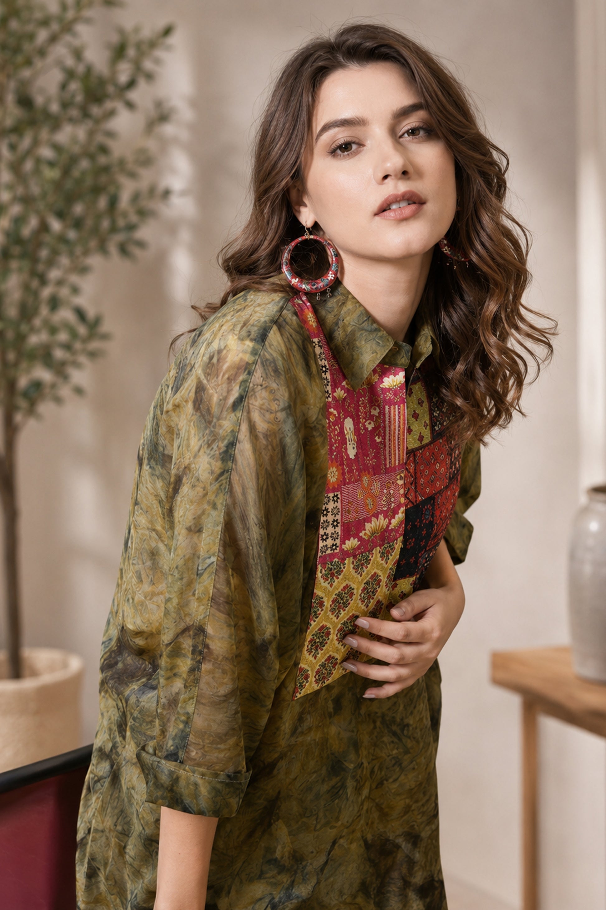 Olive green Women’s Printed Tunic Top with relaxed silhouette