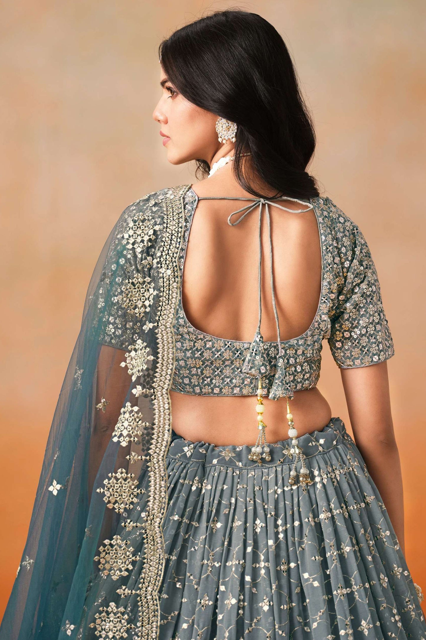 Back view of bridal choli with zari embroidery pattern