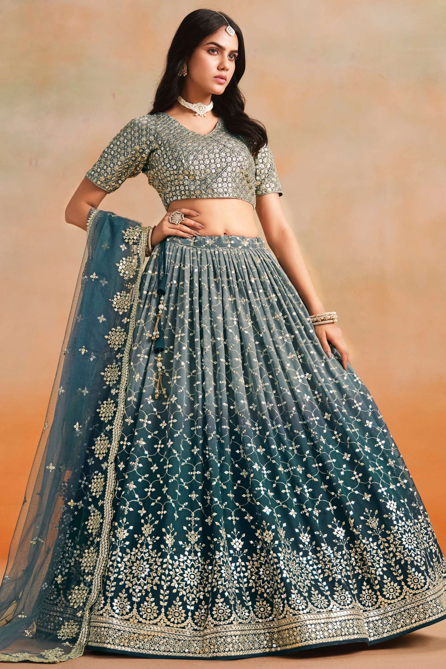 Olive green bridal choli front view with sequins zari embroidery