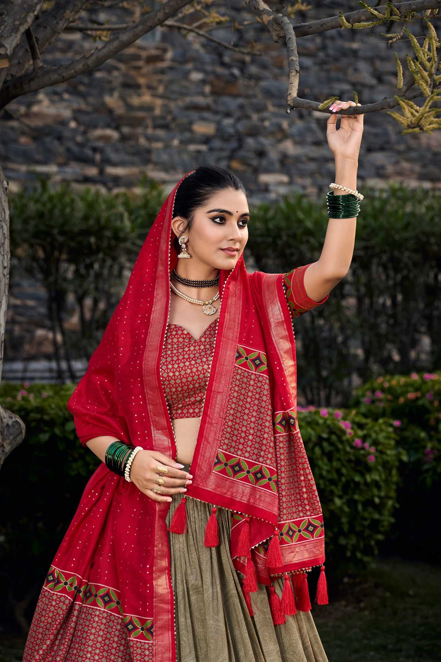 Close-up of olive green lehenga print texture