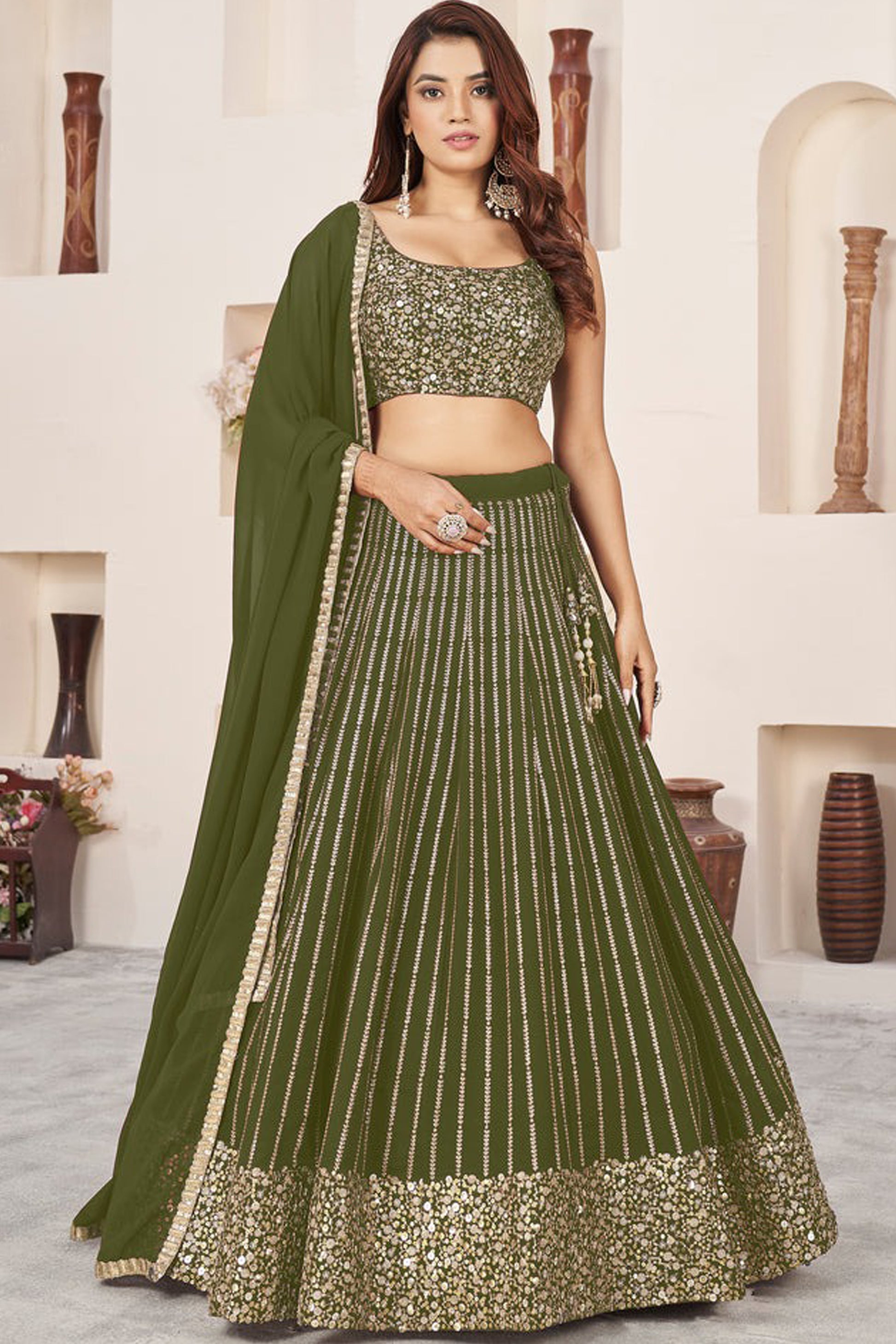 Olive green ghagra chaniya choli full front view with dupatta