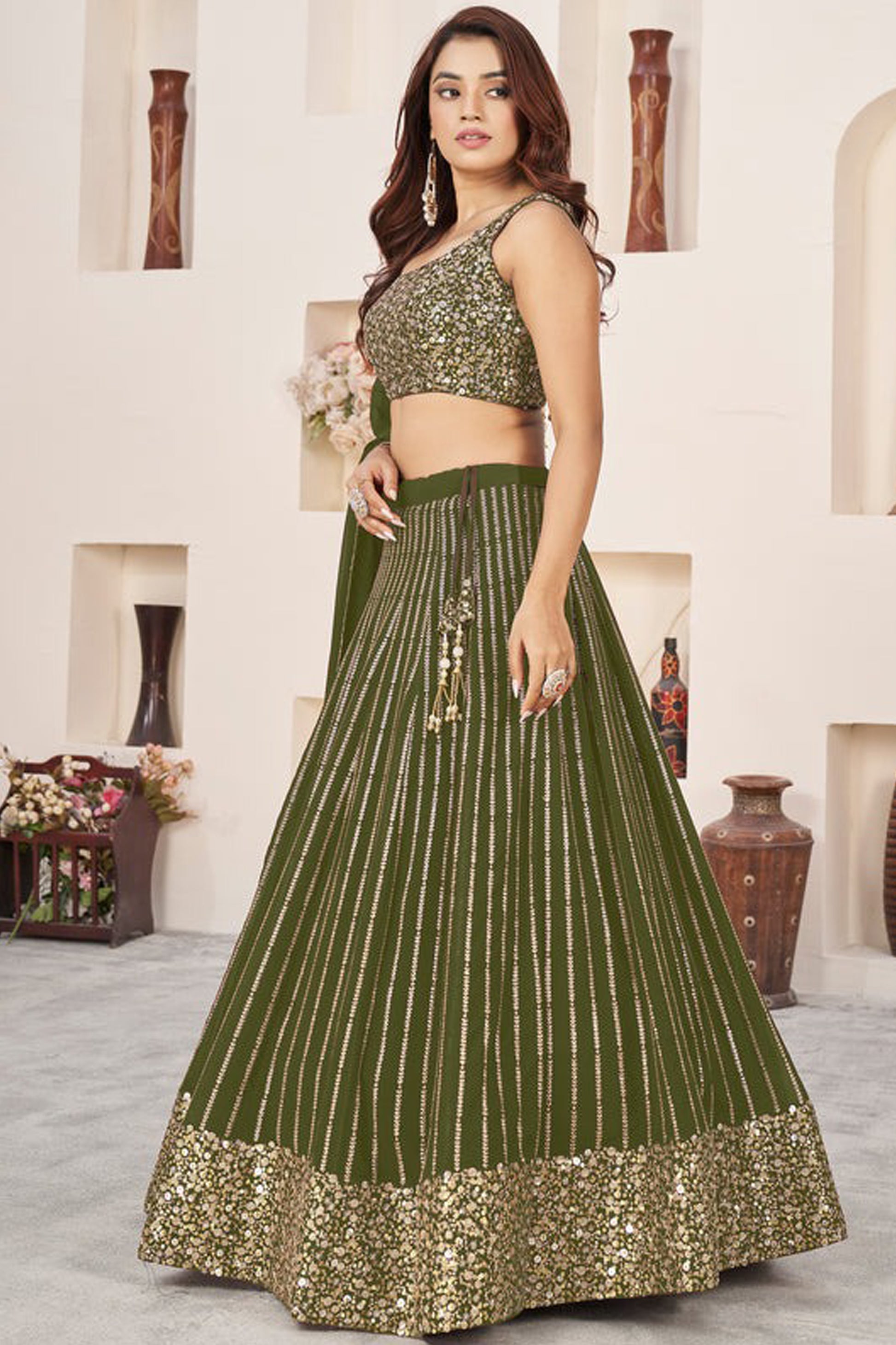Olive green festive ghagra choli side profile view