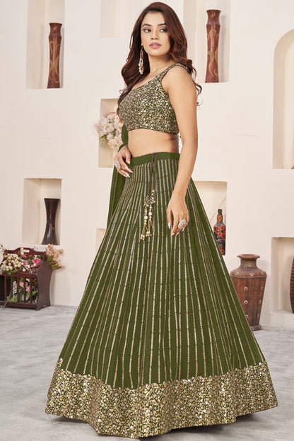 Olive green festive ghagra choli side profile view