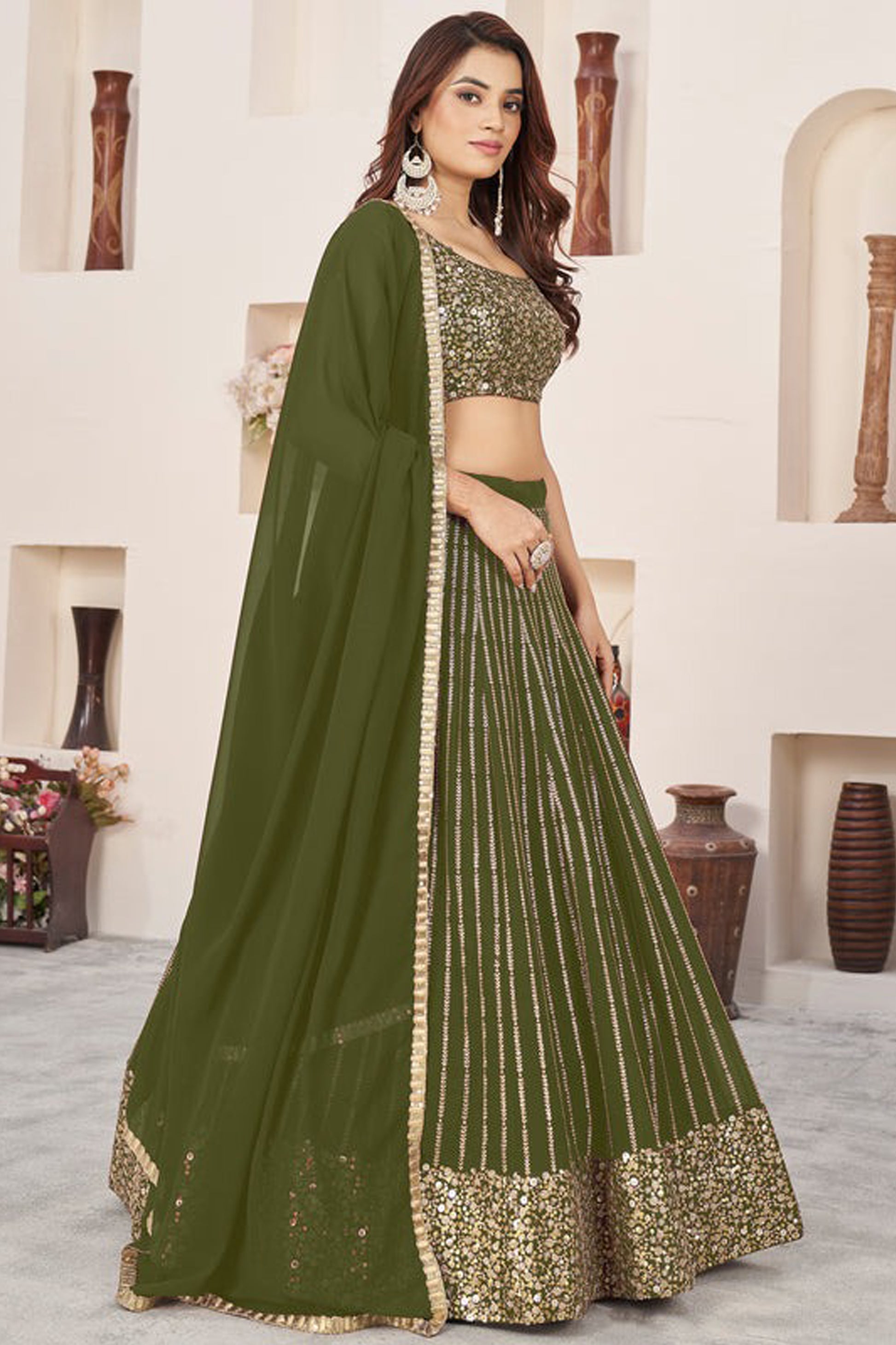 Olive green festive ghagra choli side profile view