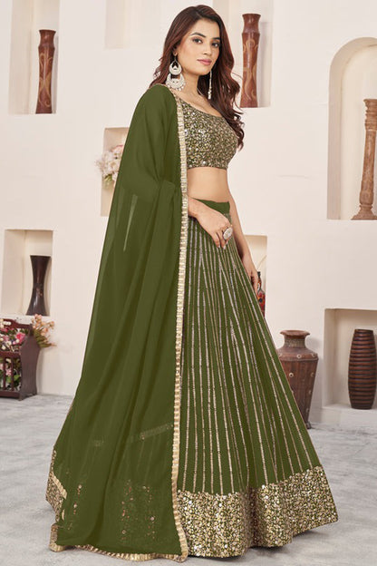 Olive green festive ghagra choli side profile view